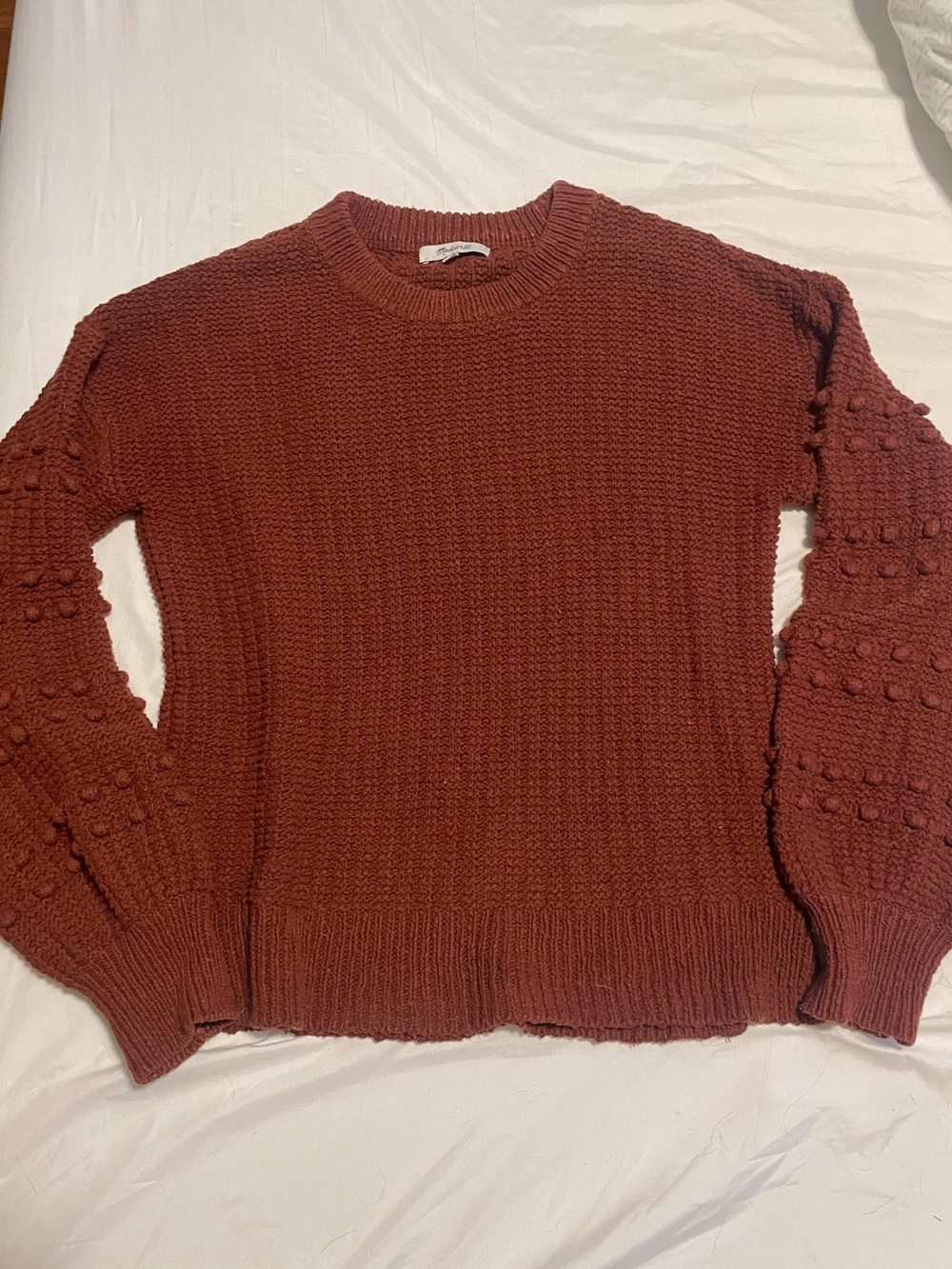 Madewell Rust Textured Pom-Pom Sleeve Crewneck Sweater